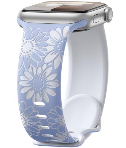 Maledan Floral Gravierte Armband Kompatibel mit Apple Watch Armband 41mm 40mm 38mm 42mm Damen, Zweifarbige Blume Weiches Silikon Sport Band für iWatch SE Series 10 9 8 7 6 5 4 3 2 1, Flieder/Weiß von Maledan