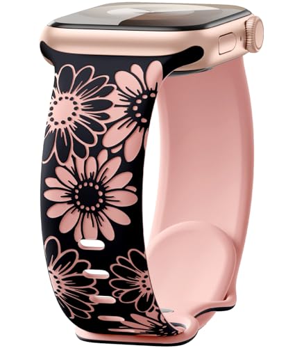 Maledan Floral Gravierte Armband Kompatibel mit Apple Watch Armband 41mm 40mm 38mm 42mm Damen, Zweifarbige Blume Weiches Silikon Sport Band für iWatch SE Series 10 9 8 7 6 5 4 3 2 1, Schwarz/Rosa von Maledan