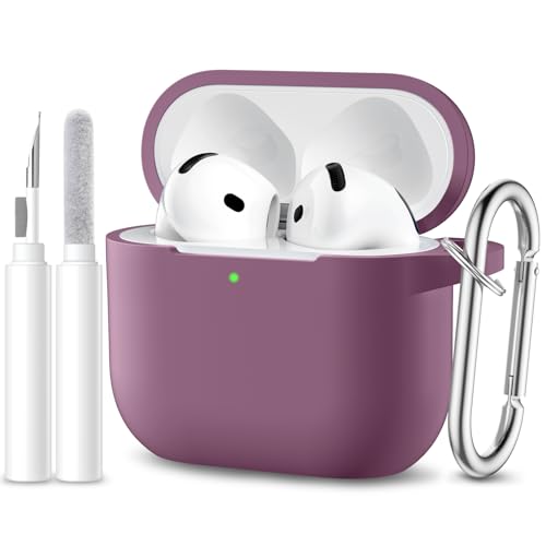 Maledan Hülle Kompatibel mit AirPods 4 Hülle Case 2024, Weich Silikon Ganzkörper-Schutzhülle für Apple AirPods 4 Generation Hülle mit Reinigungskit & Schlüsselanhänger [LED Sichtbar], SmokeViolet von Maledan