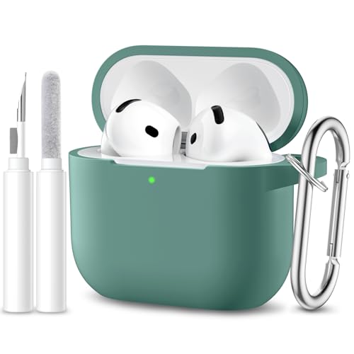 Maledan Hülle Kompatibel mit AirPods 4 Hülle Case 2024, Weich Silikon Ganzkörper-Schutzhülle für Apple AirPods 4 Generation Hülle mit Reinigungskit & Schlüsselanhänger [LED Sichtbar], Kieferngrün von Maledan