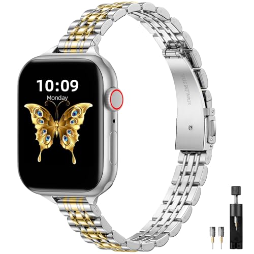 Maledan Metall Armband Kompatibel mit Apple Watch Armband 44mm 42mm 45mm 49mm Damen Herren, Verstellbare Edelstahl Ersatzarmband für iWatch Series 9 8 7 6 5 4 3 2 1 SE 2/1 Ultra 2/1, Silber/Golden von Maledan