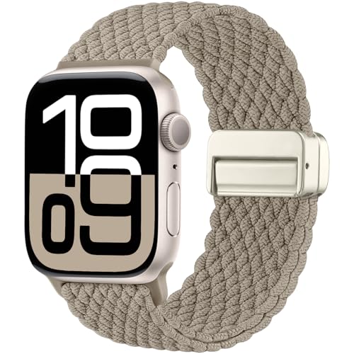 Maledan Neuestes Geflochten Armband Kompatibel mit Apple Watch Armband 40mm 41mm 38mm 42mm(Series 10), Solo Loop Nylon Magnetisch Armband für iWatch Series 10 9 8 7 6 5 4 3 2 1 SE Ultra, Hellbraun von Maledan