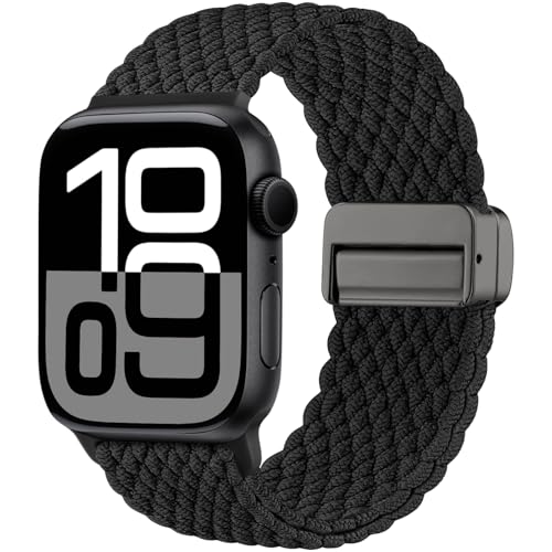 Maledan Neuestes Geflochten Armband Kompatibel mit Apple Watch Armband 45mm 46mm 44mm 42mm(Series 3/2/1) 49mm, Solo Loop Magnetisch Armband für iWatch Series 10 9 8 7 6 5 4 3 2 1 SE Ultra, Schwarz von Maledan