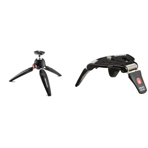 Manfrotto MTPIXIEVO-BK, PIXI EVO 2-teiliges Ministativ für spiegellose Kameras, kompakte Systemkameras, DSLR, Video, kompakte Größe, Aluminium & MP3-BK Pocket Tischstativ Größe L schwarz von Manfrotto