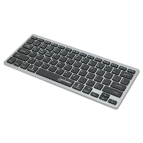 Manhattan 180559 Wireless Tastatur Dual-Mode Ultra Slim, deutsche Bluetooth Tastatur für iPad, iPad Air, iPad Pro, iPad Mini Serie und iPhone Handy, QWERTZ Layout, in elegantem Design Schwarz/Silber von Manhattan