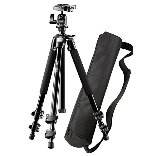 Mantona Basic Scout Set Fotostativ, Kamerastativ bis 144cm, + Tragetasche, Kugelkopf, Wasserwaage, umkehrbare Mittelsäule, für Reisen und Outdoor Fotografie für DSLR Kamera, kompakt leichtes Stativ von Mantona