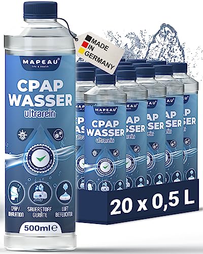 Mapeau 20x CPAP Wasser für Sauerstoff-Geräte, CPAP-Geräte, Atemgasbefeuchtung, destilliertes Wasser für Inhalator, Luftbefeuchter (20x 500ml) von Mapeau