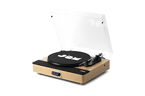 Jam Sound Stream+ Plattenspieler, integrierte Stereo-Lautsprecher, Bluetooth-Konnektivität, 3 Geschwindigkeiten, AC-Adapter, RCA-zu-AUX-Kabel, mit Plattenadapter und Slipmat, elegante Holzoberfläche von Jam