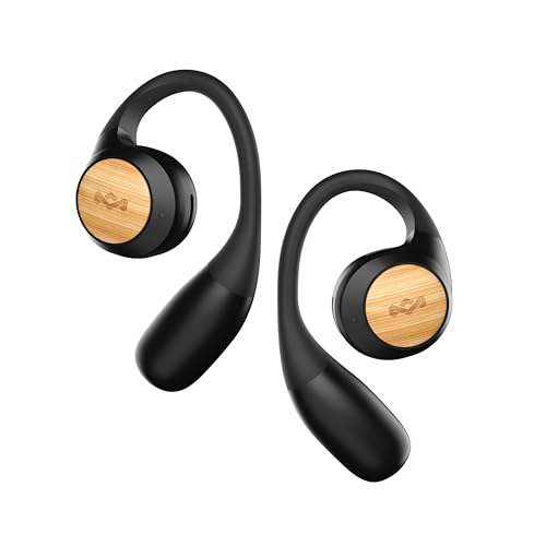 Marley House of Liberate Open Ear Kopfhörer Bluetooth - Open Ear Headphones mit Mikrofon, Open Earbuds mit 20 Std. Spielzeit, USB-C Ladeetui, Nachhaltige Materialien, Ohrbügel, Schwarz von Marley