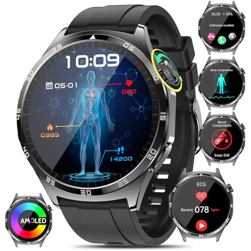 2024 New Smartwatch EKG+HRV/Harnsäure/BMI Herren Damen Rund 1,43" AMOLED Gesundheitsuhr mit Telefonfunktion, 24H Herzfrequenz SPO2 Blutdruck Körpertemperatur Schlafmonitor Fitnessuhr für Android/iOS von Marsyu