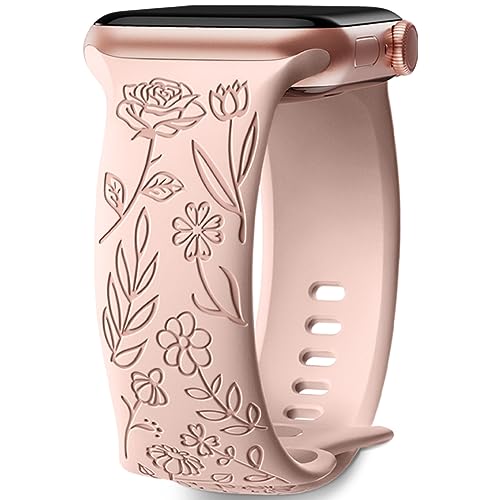 Mastten Armband mit Rosenblumengravur Kompatibel mit Apple Watch Armband 38mm 40mm 41mm 42mm für Damen, Weiches Silikon Rosen Blumenmuster Armband für iWatch Series 10 9 SE 8 7 6 5 4 3 2 1, Rosa von Mastten