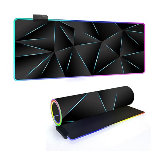 Mateju 3D Geometrie RGB Mousepad, rutschfeste Gummibasis Mauspad, Mousepad XXL/XL/l 14 Beleuchtungs Modi und 7 LED Farben, Gaming Mauspad mit Vernähte Kanten (Blau,800x300x4mm) von Mateju