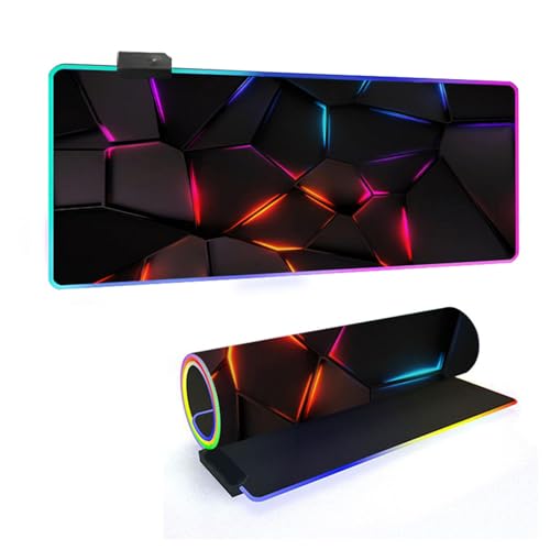 Mateju 3D Geometrie RGB Mousepad, rutschfeste Gummibasis Mauspad, Mousepad XXL/XL/l 14 Beleuchtungs Modi und 7 LED Farben, Gaming Mauspad mit Vernähte Kanten (Bunt,800x400x4mm) von Mateju