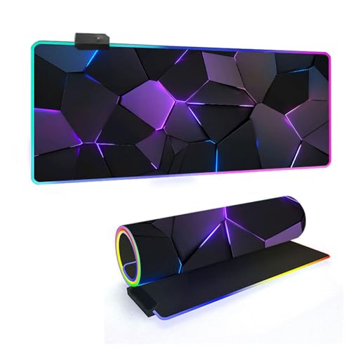 Mateju 3D Geometrie RGB Mousepad, rutschfeste Gummibasis Mauspad, Mousepad XXL/XL/l 14 Beleuchtungs Modi und 7 LED Farben, Gaming Mauspad mit Vernähte Kanten (Lila,600x300x4mm) von Mateju