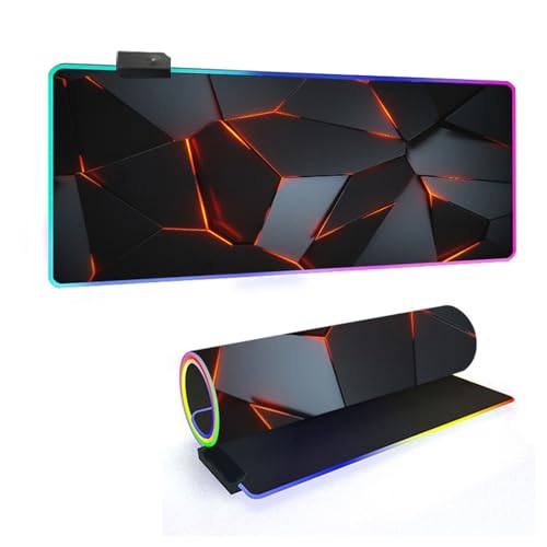 Mateju 3D Geometrie RGB Mousepad, rutschfeste Gummibasis Mauspad, Mousepad XXL/XL/l 14 Beleuchtungs Modi und 7 LED Farben, Gaming Mauspad mit Vernähte Kanten (Orange,800x300x4mm) von Mateju