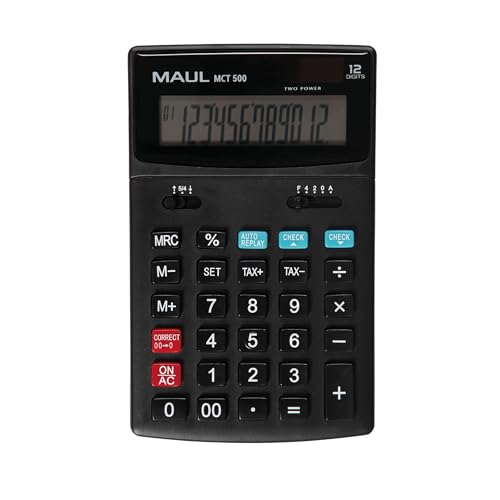 Maul Kaufmännischer Taschenrechner MCT 500 | Rechner mit kaufmännischen Funktionen und 12-stelligem Display | große, angewinkelte Anzeige | inkl. Steuerberechnung | Solar/Batterie | Schwarz von Maul