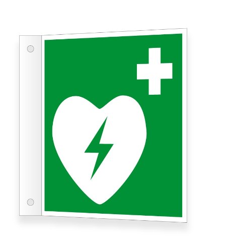 Fahnenschild Wandmontage | "Defibrillator" gem. ASR A1.3 E010 | in verschiedenen Größen erhältlich | direkt bedruckt von Max Systems