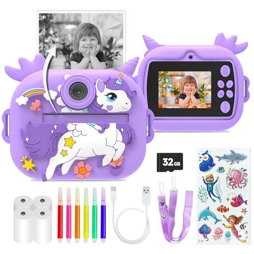 Kinderkamera Sofortbildkamera, 2,4 Zoll Display Digitalkamera für Kinder mit Druckpapier & 32G TF Karte, 1080P HD VideoKamera mit farbigen Stiften, Geschenk für Kinder 3-12Jahr (Lila) von Maxgia