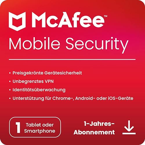 McAfee Mobile Security | Antivirus, VPN, Software | 1 Gerät | 1 Benutzer | 12 Monate |Chrome/iOS/Android| Aktivierungscode per E-Mail von McAfee