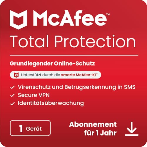 McAfee Total Protection 2024, 1 Gerät | Antivirus, VPN, Passwort-Manager, Mobil- und Internetsicherheit | PC/Mac/iOS/Android|1-Jahres-Abonnement | Aktivierungscode per E-Mail von McAfee