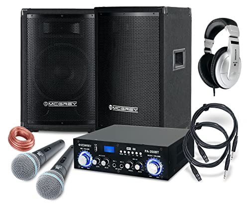 McGrey DJ Karaoke Komplettset PA Anlage Party-1500 (Lautsprecher, 2 x 400 Watt, Bluetooth-Endstufe, Verstärker, Lautsprecherkabel, Kopfhörer, Mikrofon, Klemme, Reduziergewinde, Tasche, Mikrofonkabel) von McGrey