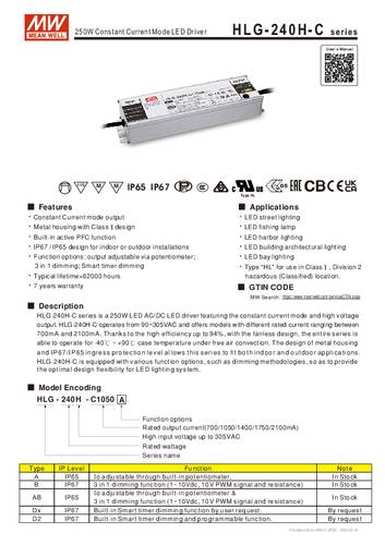 Mean Well HLG-240H-C700B LED-Treiber Konstantstrom 249.9W 700mA 178 - 357 V/DC 3 in 1 Dimmer Funktio von Mean Well