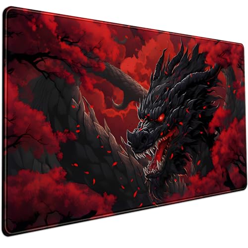 Großes Mauspad mit großem Drachen, rot und schwarz, rote Schreibtischmatte, große volle Tastatur und Mauspad, Coole Schreibtischunterlage für Tastatur, Maus mit genähten Kanten, rutschfest, lustige von Mechanical Cattle