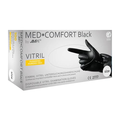 Med-Comfort 1000 Vitril black Vitrilhandschuhe Einmalhandschuhe Einweghandschuhe Untersuchungshandschuhe Vinyl-Nitril-Mischung puderfrei schwarz Handschuhe beidhändig (L) von Med-Comfort