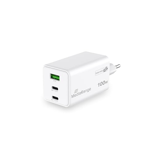 MediaRange 100W GaN Schnellladeadapter (EU-Stecker), 2X USB-C und 1x USB-A, unterstützt USB-C® Power Delivery und Quick Charge™, Weiß von MediaRange