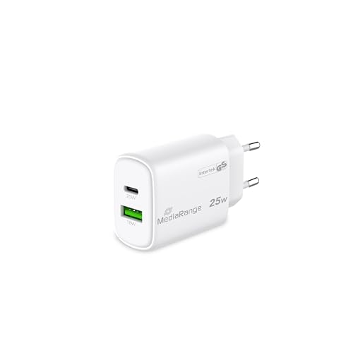 MediaRange 25W GaN Schnellladeadapter (UK-Stecker), 1x USB-C und 1x USB-A, unterstützt USB-C® Power Delivery und Quick Charge™, Weiß von MediaRange