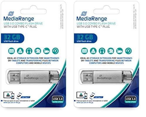 MediaRange USB 3.1 und TypeC Speicherstick 32GB - Combo Flash-Laufwerk mit Schutzkappen, Externe Speichererweiterung mit Lesegeschwindigkeit von bis zu 60 MB/s, Farbe Silber (Packung mit 2) von MediaRange