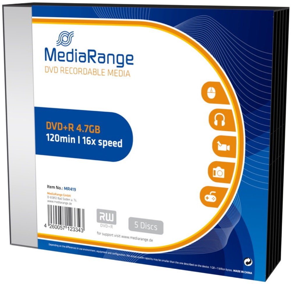Mediarange DVD-Rohling 5 Mediarange Rohlinge DVD+R 4,7GB 16x Slimcase von Mediarange