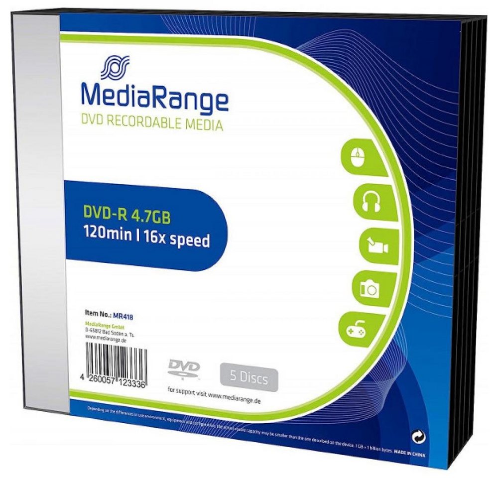 Mediarange DVD-Rohling MediaRange DVD-R Rohlinge 4,7GB, 16x Speed, 5-er in SlimCase von Mediarange