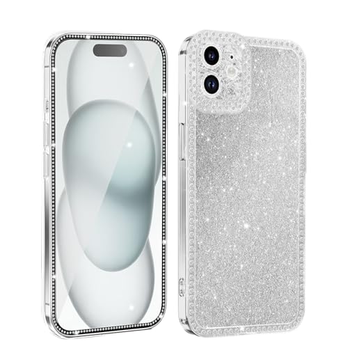 Handyhülle für iPhone 11, Bling Strass Diamant Glitter Schutzhülle mit SchutzfolieGlas, Transparent Silikon TPU Bumper Kameraschutz Case Cute Glänzend Sparkle Crystal Hülle für Frauen und Mädchen von Meeter