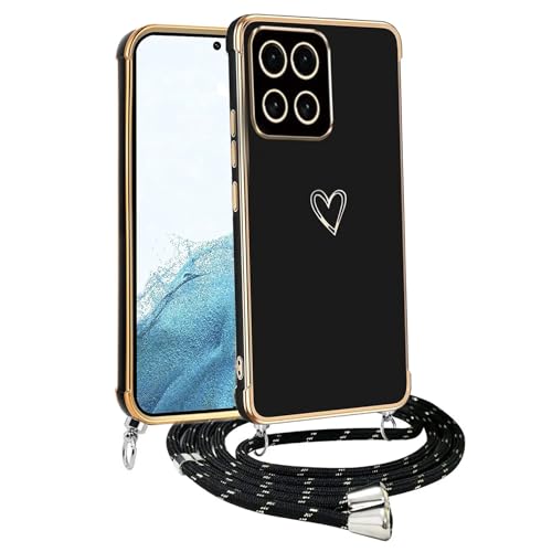 Handyhülle mit Band für Xiaomi Mi 14, Handykette Weich TPU Silikon Schutzhülle Kameraschutz Kratzfest Stoßfest Dünn Case Cover, Electroplated Cute Herz Mädchen Hülle,schwarz von Meeter