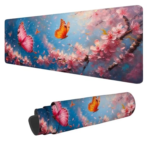 Gaming Mauspad XXL 1200x600x3mm Blume Mousepad Groß Schreibtischunterlage Mauspad Schmetterling,Mouse Pad mit Vernähten Kanten,Wasserdicht und rutschfest for Home Desk Office Deko,Geschenke von Mefooge