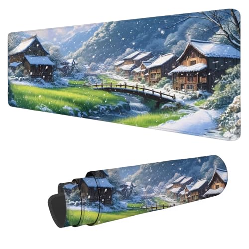 Gaming Mauspad XXL 900x500x3mm Grün Mousepad Groß Schreibtischunterlage Mauspad Schneeszene,Mouse Pad mit Vernähten Kanten,Wasserdicht und rutschfest for Home Desk Office Deko,Geschenke von Mefooge