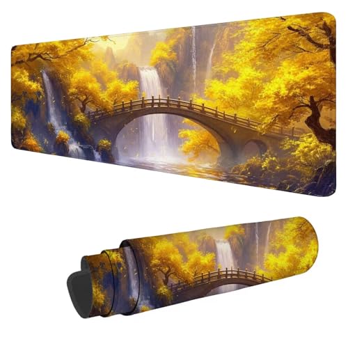 Mauspad Gelb,Mausepad XXL 1000x500x3mm Gaming Mauspad Wasserfall,Großes Mousepad mit vernähten Kanten,Anti-Rutsch Gummibasis Schreibtischunterlage,Verbessert Präzision und Geschwindigkeit von Mefooge