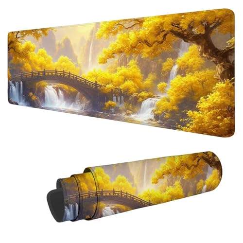 Mauspad Gelb,Mausepad XXL 800x400x3mm Gaming Mauspad Wasserfall,Großes Mousepad mit vernähten Kanten,Anti-Rutsch Gummibasis Schreibtischunterlage,Verbessert Präzision und Geschwindigkeit von Mefooge