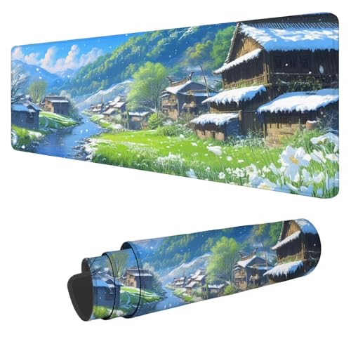 Mauspad Grün,Mausepad XXL 600x300x3mm Gaming Mauspad Schneeszene,Großes Mousepad mit vernähten Kanten,Anti-Rutsch Gummibasis Schreibtischunterlage,Verbessert Präzision und Geschwindigkeit von Mefooge