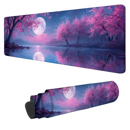 Mauspad Rosa,Mausepad XXL 700x400x3mm Gaming Mauspad Mond,Großes Mousepad mit vernähten Kanten,Anti-Rutsch Gummibasis Schreibtischunterlage,Verbessert Präzision und Geschwindigkeit von Mefooge