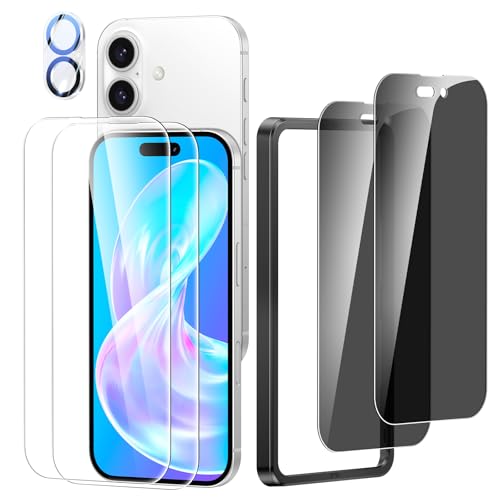 Meifigno 4 Stück Displayschutzfolie [2 Stück HD Clear + 2 Stück Privacy] Entwickelt für iPhone 16 (6,1 Zoll) mit 1 Stück Kamera Schutzfolie, 9H Härte Bruchfest, Hülle Freundlich Panzerglas von Meifigno