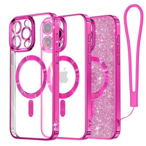 Meifigno Glitzernde magnetische Schutzhülle für iPhone 15 Pro Max, Hot Pink von Meifigno