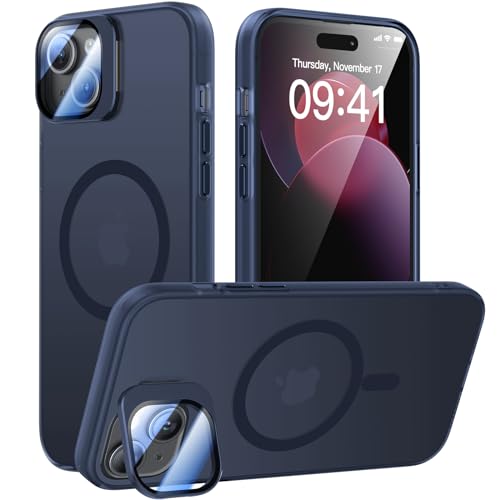 Meifigno Schutzhülle kompatibel mit iPhone 15 Plus Hülle mit Ständer, [Kompatibel mit Magsafe & Kamera Halter Schutz] Handyhülle für iPhone 15 Plus 6,7", Transparente Matte Rückseite Case, Blau von Meifigno