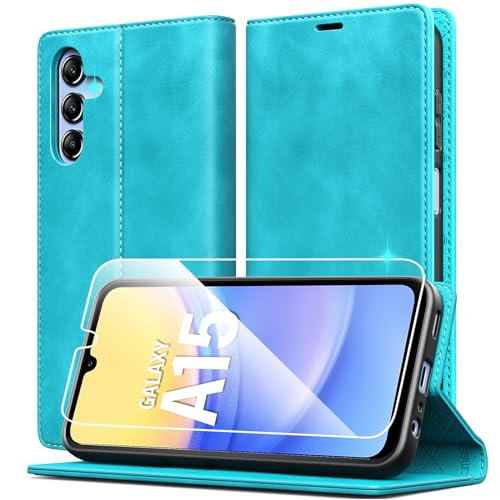 Handyhülle für Samsung Galaxy A15 4G/5G Hülle Leder Klapphülle mit Schutzfolie, Premium PU Leder Flip Wallet Case Cover, Standfunktion Kartenfach Stoßfest Kratzfest Schutzhülle, Grün von Meilanaliem