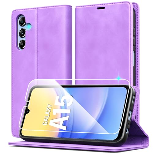 Handyhülle für Samsung Galaxy A15 4G/5G Hülle Leder Klapphülle mit Schutzfolie, Premium PU Leder Flip Wallet Case Cover, Standfunktion Kartenfach Stoßfest Kratzfest Schutzhülle, Lila von Meilanaliem