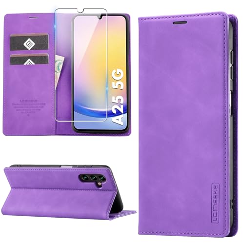 Handyhülle für Samsung Galaxy A25 5G Hülle Leder Klapphülle mit Schutzfolie, Premium PU Leder Flip Wallet Case Cover, Standfunktion Kartenfach Stoßfest Kratzfest Schutzhülle, Lila von Meilanaliem