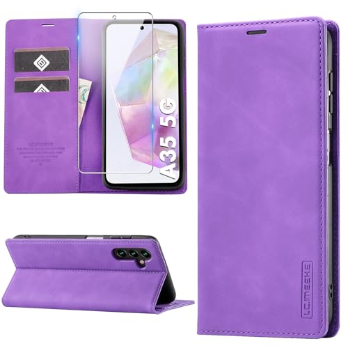 Handyhülle für Samsung Galaxy A35 5G Hülle Leder Klapphülle mit Schutzfolie, Premium PU Leder Flip Wallet Case Cover, Standfunktion Kartenfach Stoßfest Kratzfest Schutzhülle, Lila von Meilanaliem