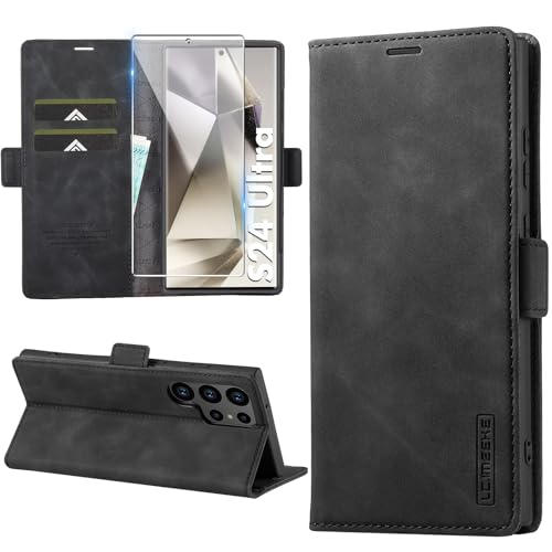 Handyhülle für Samsung Galaxy S24 Ultra Hülle Leder Klapphülle mit Schutzfolie, Standfunktion Kartenfach Premium PU Leder Flip Wallet Case Cover Magnetverschluss Stoßfest Kratzfest Schutzhülle-Schwarz von Meilanaliem