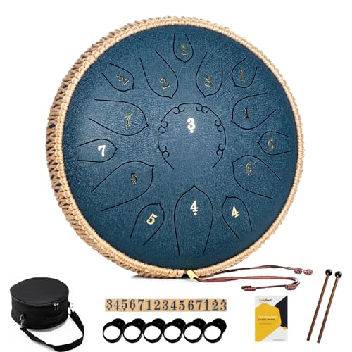 MeloBeat Zungentrommel 12 Zoll 15 Töne - Professionelles Steel Tongue Drum Handpan Set in D Dur inkl. Zungentrommel Liederbuch, Schlagzeug Sticks und Trommel Tragetasche (Dunkelblau) von MeloBeat